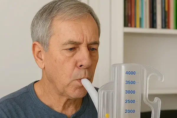 Fisioterapia respiratoria a domicilio Paciente utilizando incentivador respiratorio para mejorar capacidad respiratoria