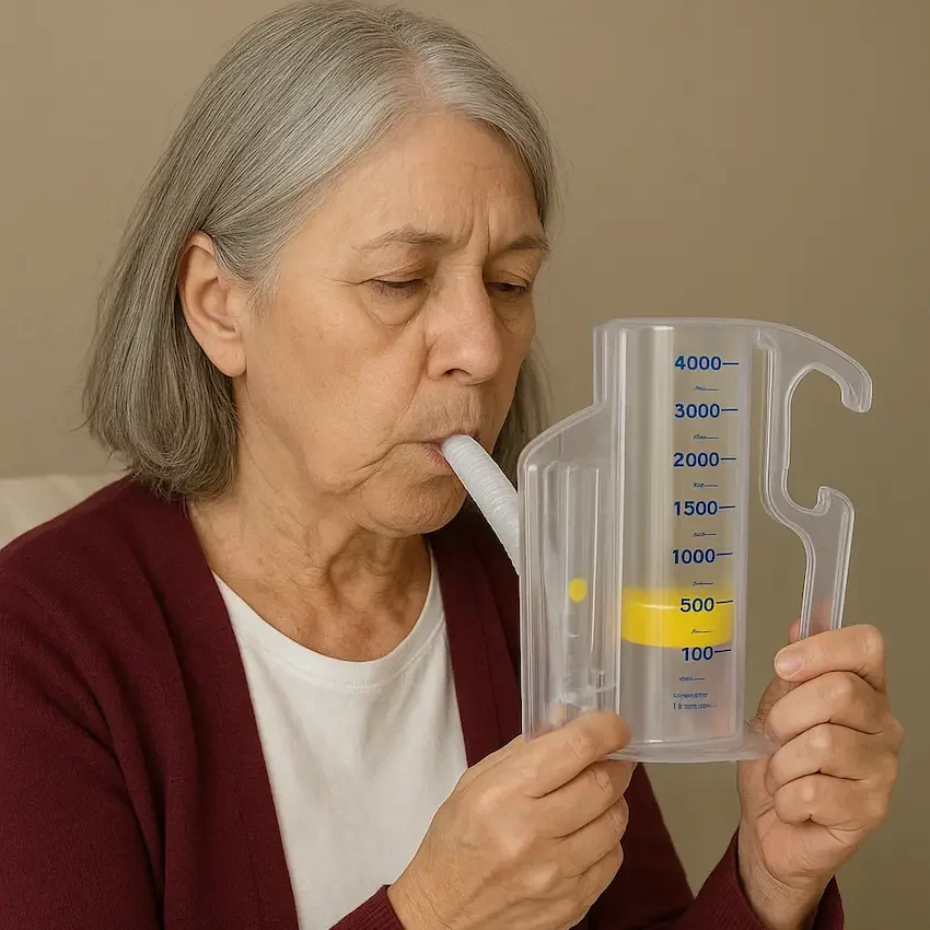 Paciente usando incentivador respiratorio 